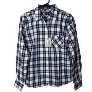 UNTUCKit checkered Button Down Women’s Shirt Size 8 NWT Navy White Classic Stapl